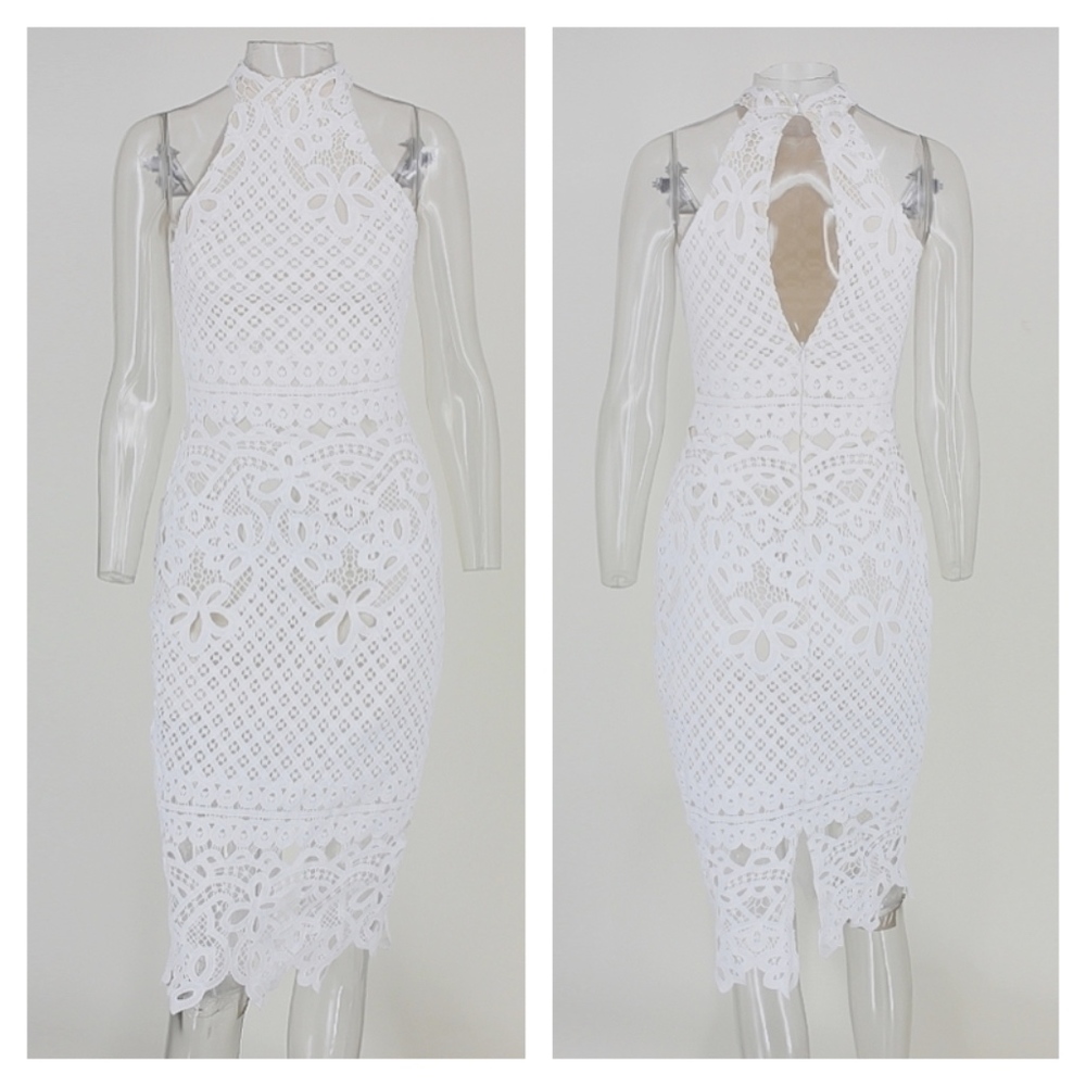 White Guipure Bodycon Midi Dress - Picture 6 of 16